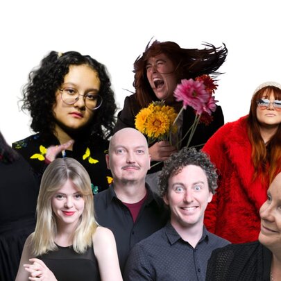 A collection of cut-out portraits of comedians performing at a comedy venue, arranged in a collage.