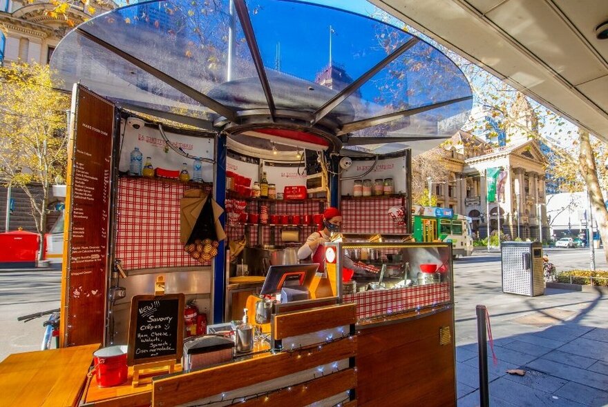 Takeaway creperie stand on Swanston Street.