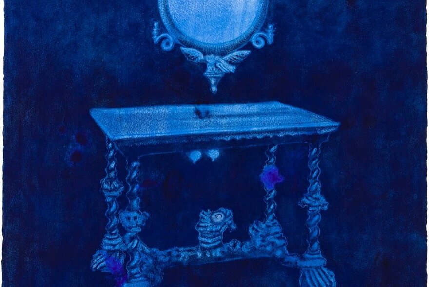 An artwork painted in deep, monochrome shades of blue depicting a dark, surreal interior.