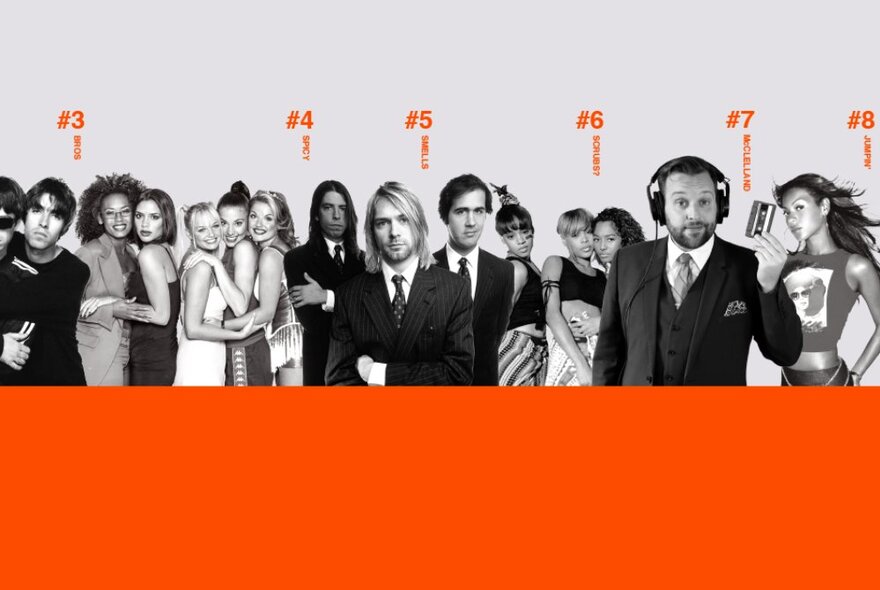 Well known musicians and bands from the 1990s in a line, with position numbers spread out above them, the bottom half of the image is a solid orange stripe. 