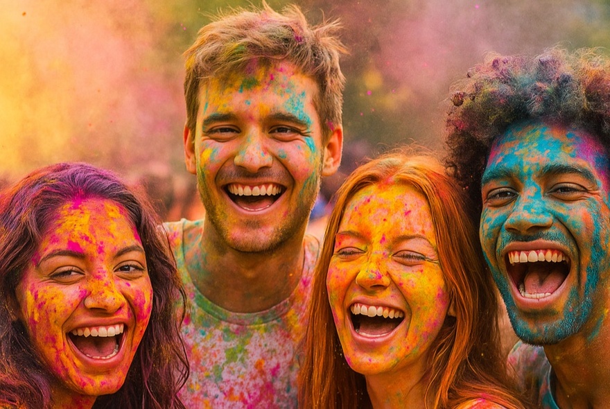 Four friends smiling and laughing, outdoors, completely covered in coloured powder at a Holi Festival.