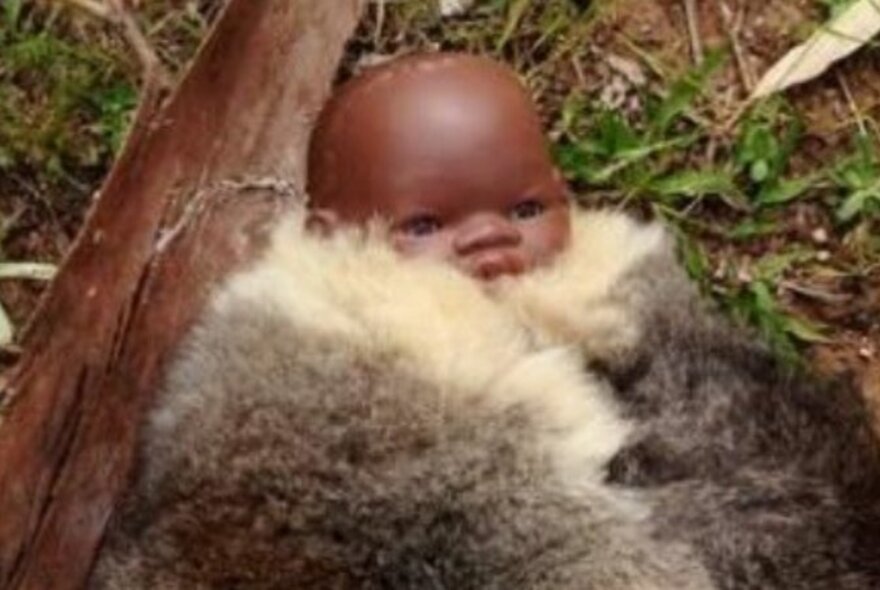 An Indigenous baby doll wrapped in animal fur on the ground.
