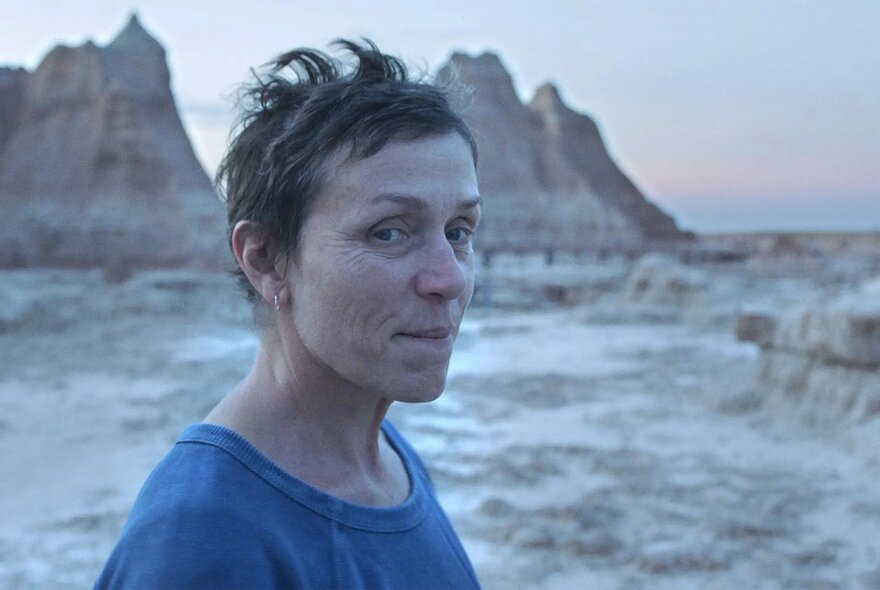 A still from the film Nomadland, with actress Frances McDormand in profile, her head turned slightly towards the viewer, against a barren desert-like landscape.