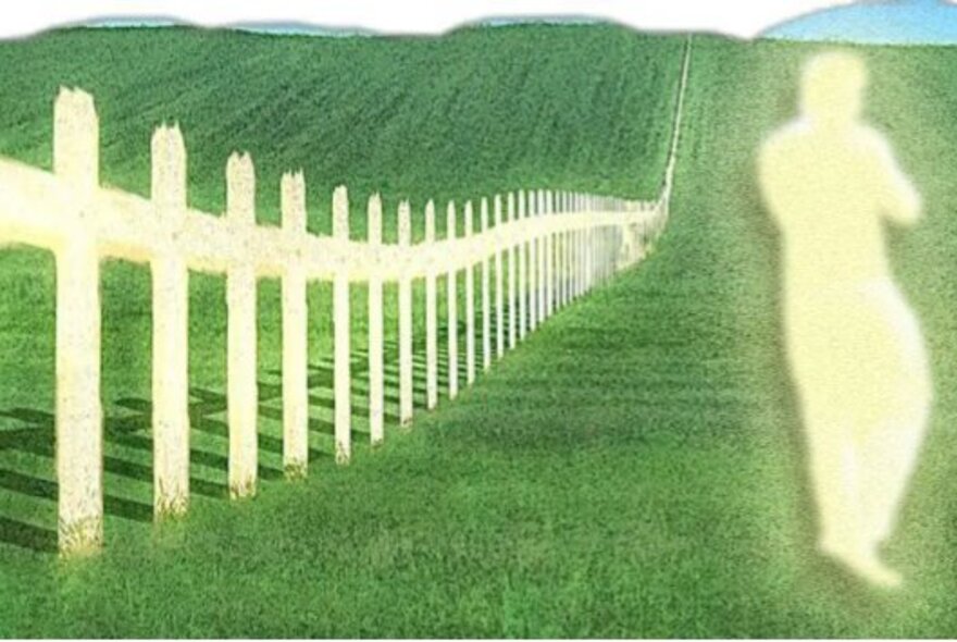 White fence stretching over rolling green hill, ghostly figure to the right.