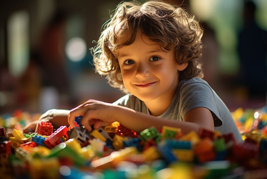 The smiling face of a young boy with curly hair, leaning over a table covered in assorted Lego bricks.