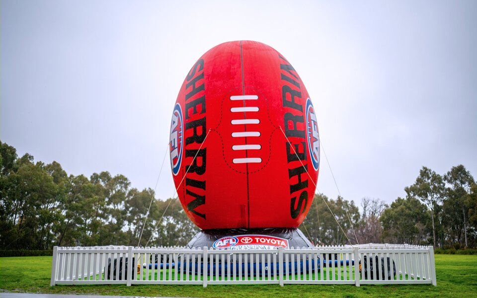 A giant blow up Sherrin football in a park.