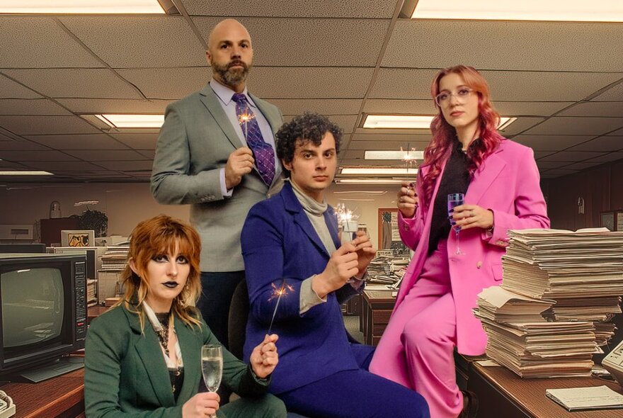 Four non-smiling people in a dated office space, each wearing brightly coloured 'office' attire, holding sparklers and champagne glasses.