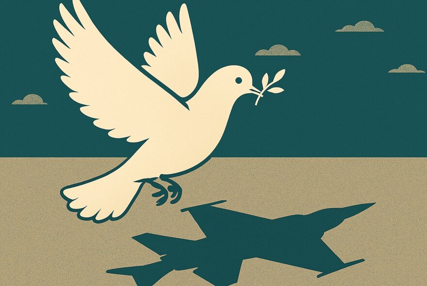 A two-tone illustration of a flying white dove of peace with its shadow creating the shape of a war fighter jet on the area underneath it.