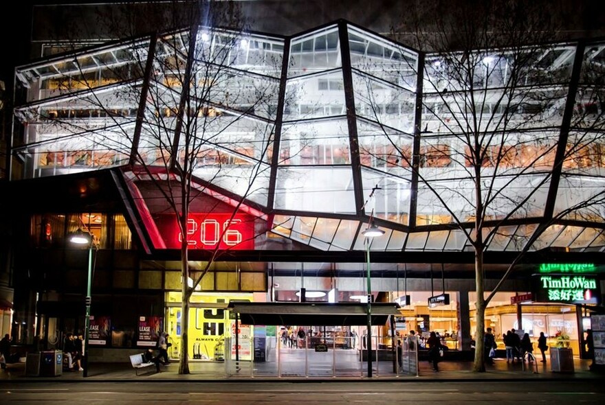 Nighttime exterior of 206 Bourke Street.