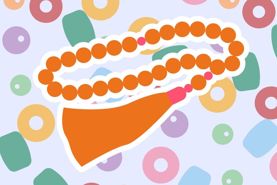 A colourful illustration of a set of orange worry beads and coloured dots in the background. 