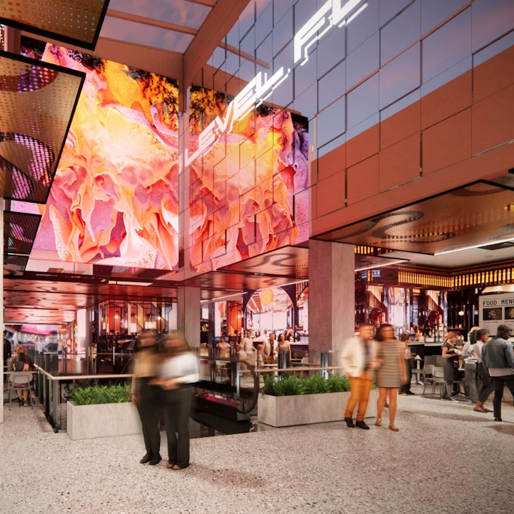 A render of a busy shopping centre with a large mural.