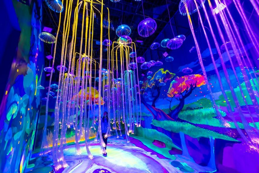 An interactive room at Dreamskape, with a blue/green forest mural on the walls and hanging jellyfish like creatures hanging from the ceiling.