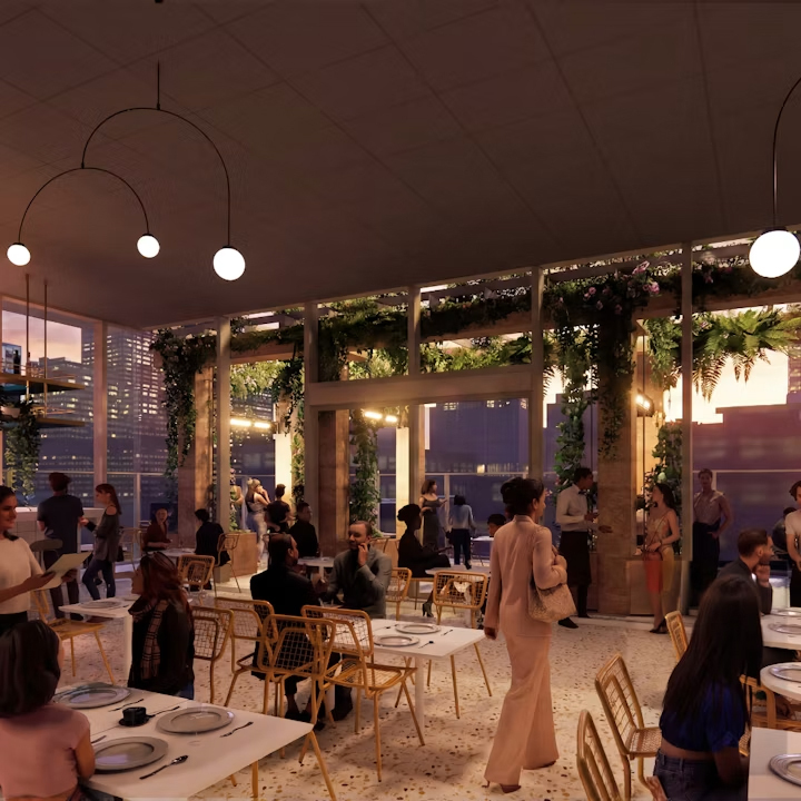 A render of a new dining space with tables, stylish lighting and plants overhanging a balcony.