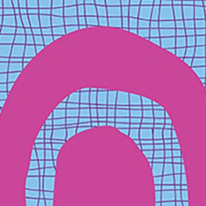 A graphic with a light blue wavy grid background and two bright pink abstract arch shapes.