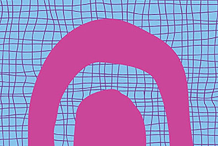 A graphic with a light blue wavy grid background and two bright pink abstract arch shapes.