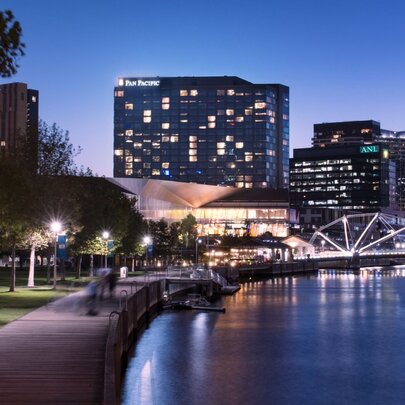 Pan Pacific Melbourne at dusk. 