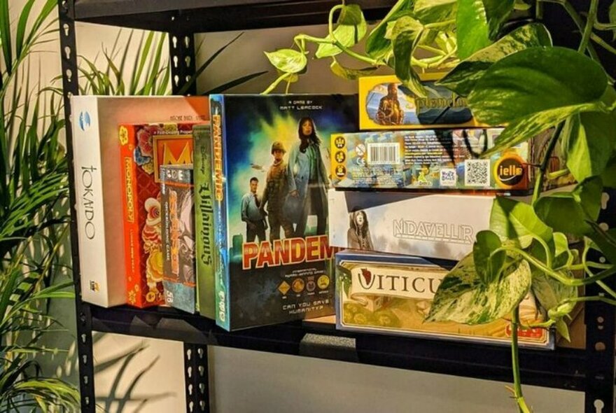 Metal shelf with board games and greenery.