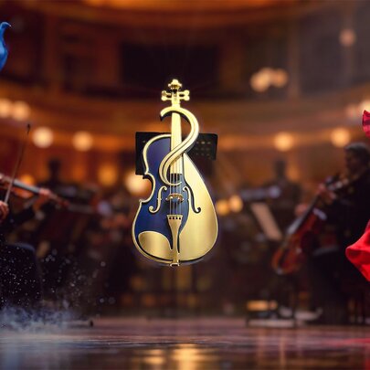 A golden violin in front of a seated orchestra, with waving lengths of blue and red fabric.