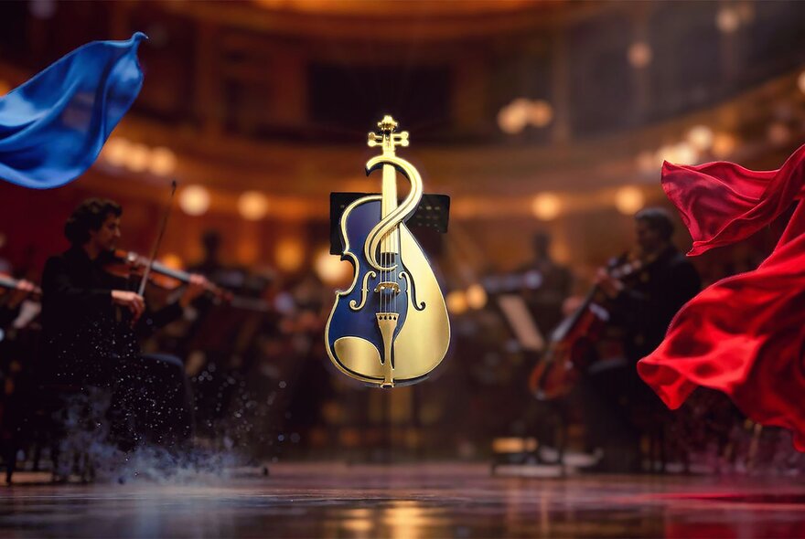 A golden violin in front of a seated orchestra, with waving lengths of blue and red fabric.