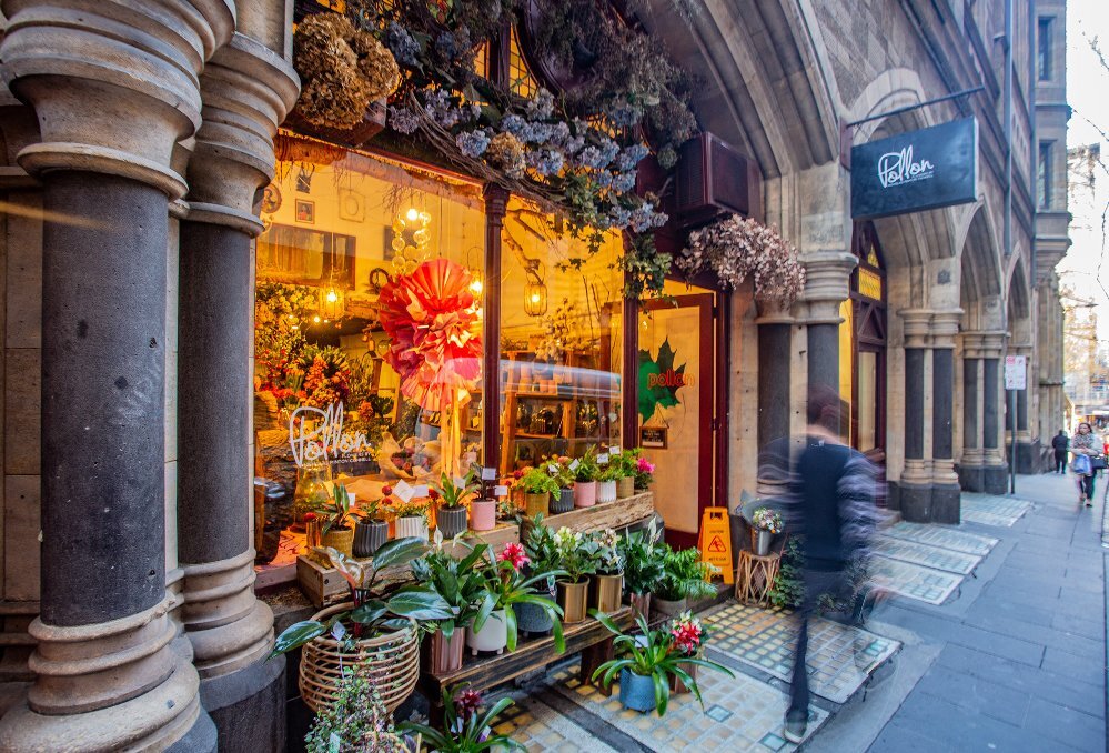 Outside a flower shop