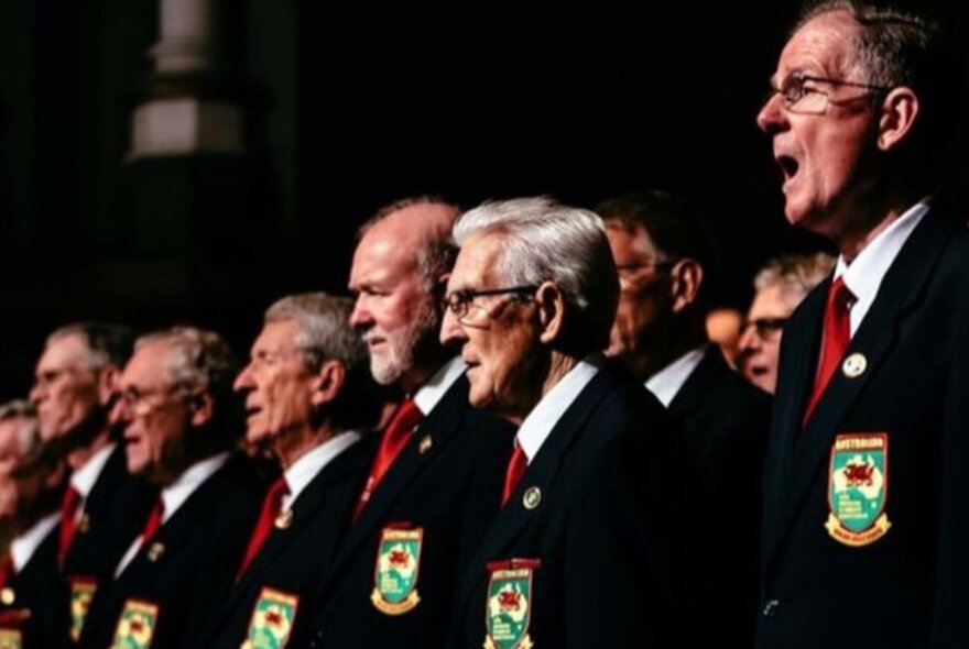 The Australian Welsh Male Choir, wearing black jackets with the choir crest and red ties, standing in a line, singing.