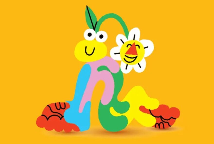 A colourful illustration of an abstract character with a green stem and a white daisy flower with a smiley face, against a yellow background.