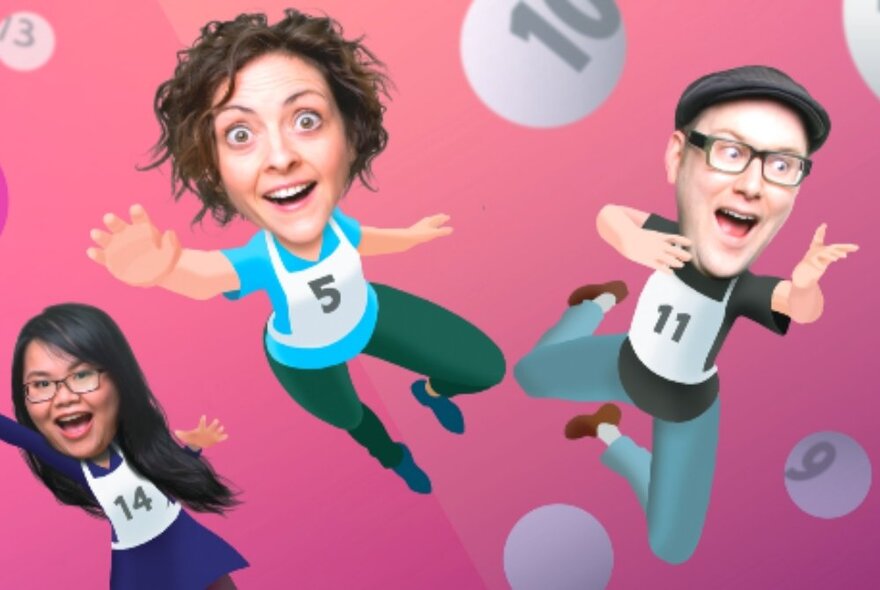 Comic figures floating through the air wearing numbered race singlets surrounded by numbered balls.