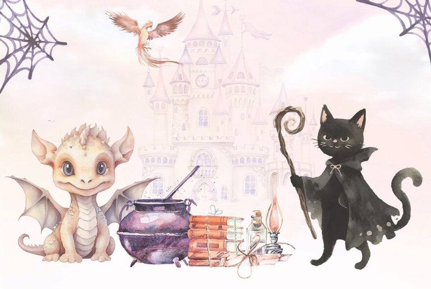 An illustration with a small dragon and black cat wearing a cape and weilding a crook next to a cauldron. 