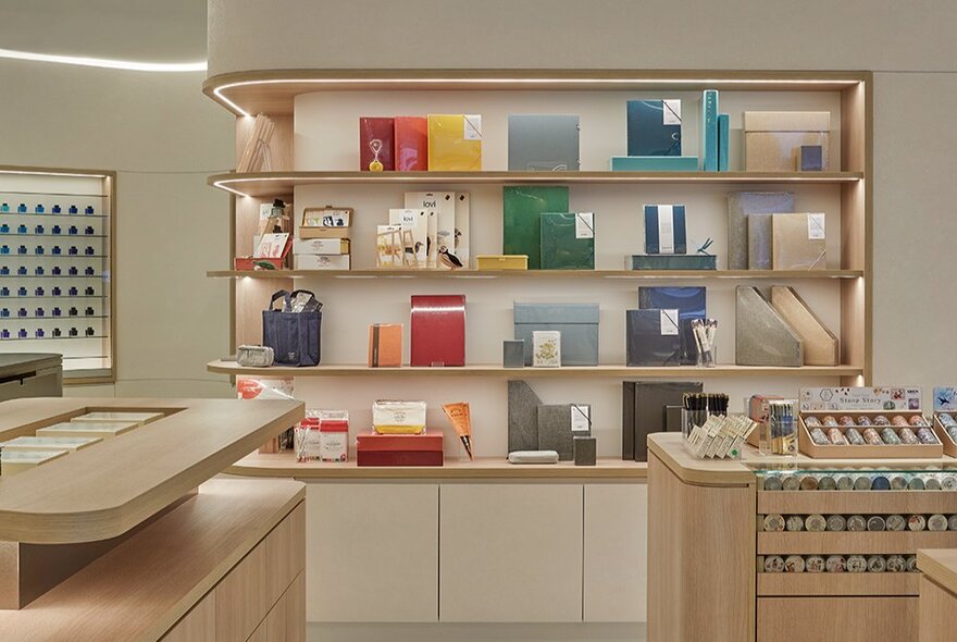 Store interior with beige walls and wooden display cases and shelves, displaying stationery goods.