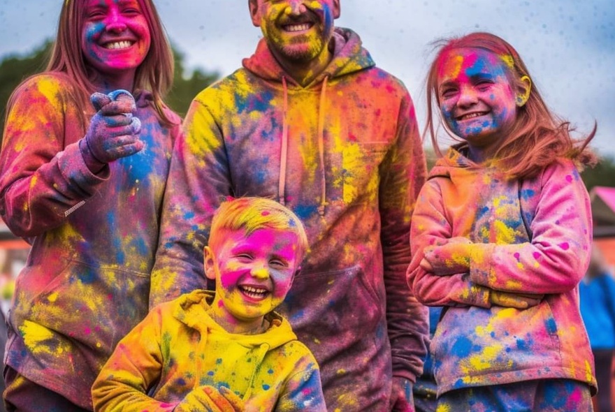 A smiling family group covered in brightly coloured powder at an outdoor Holi Festival.