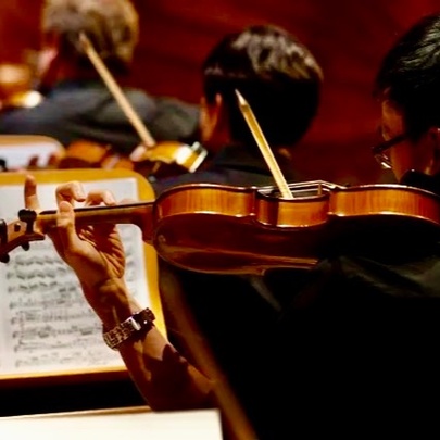 String section of an orchestra with violins and music stands with score.