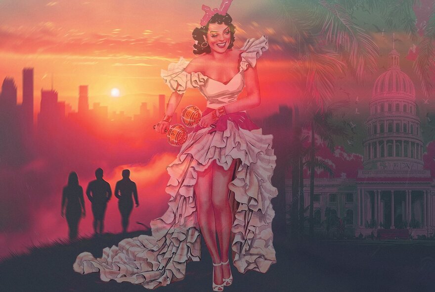 A composite image of a woman from mid last century dancing in a ruffled dress and three silhouettes walkign towards a city skyline with the setting sun blazing red in the sky. 