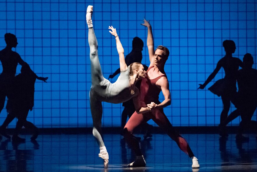 Two ballet dancers spotlight on a stage, one of them balancing on her toes, her leg stretched high in the air behind her, other dancers in the shadows in the background.