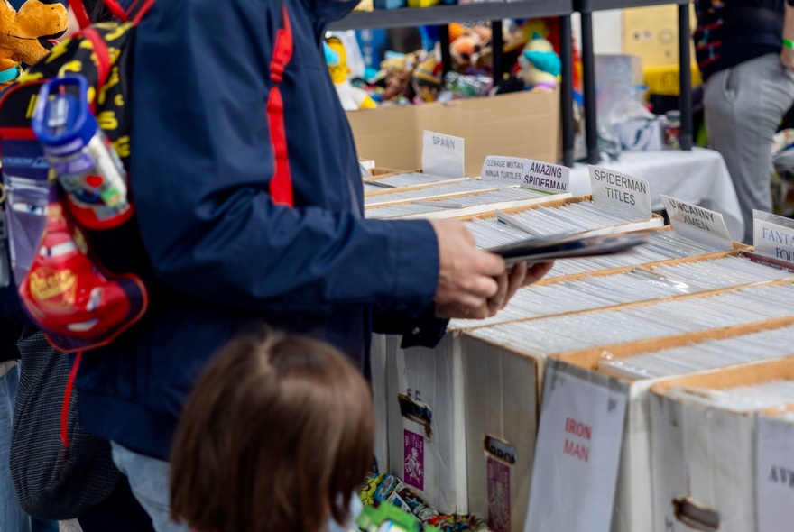 Person looking through a book of cards at a market stall at a toy collectors fair.