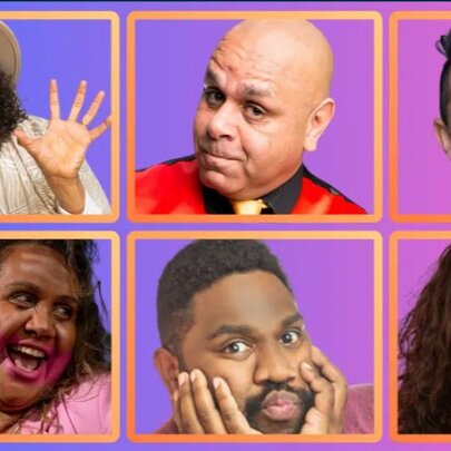 Portraits of six First Nations comedians, each within an orange or yellow box laid out in a grid pattern, with three on the top and three on the bottom.