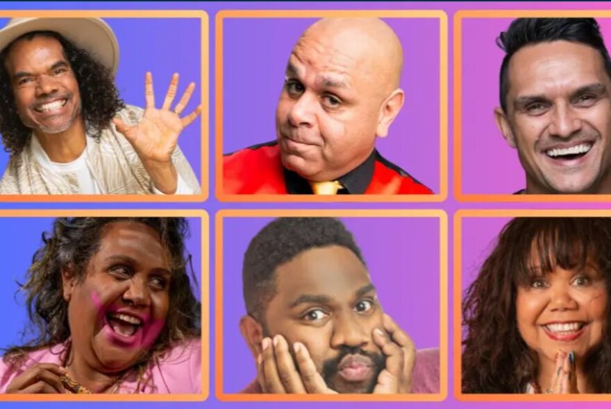 Portraits of six First Nations comedians, each within an orange or yellow box laid out in a grid pattern, with three on the top and three on the bottom.