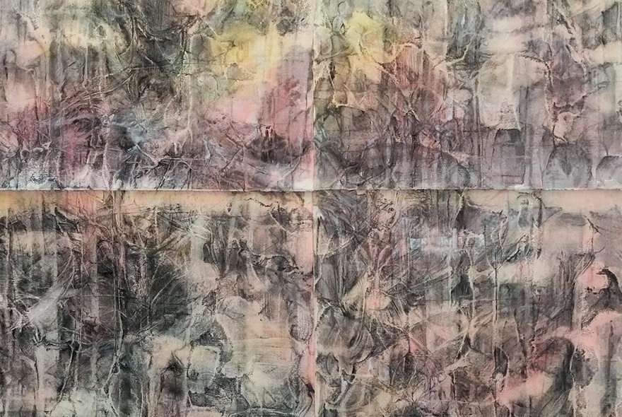 Abstract artwork in swirls of grey, pink and yellow.