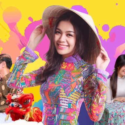 Vietnamese woman wearing a hat with festive people and colours in the background.