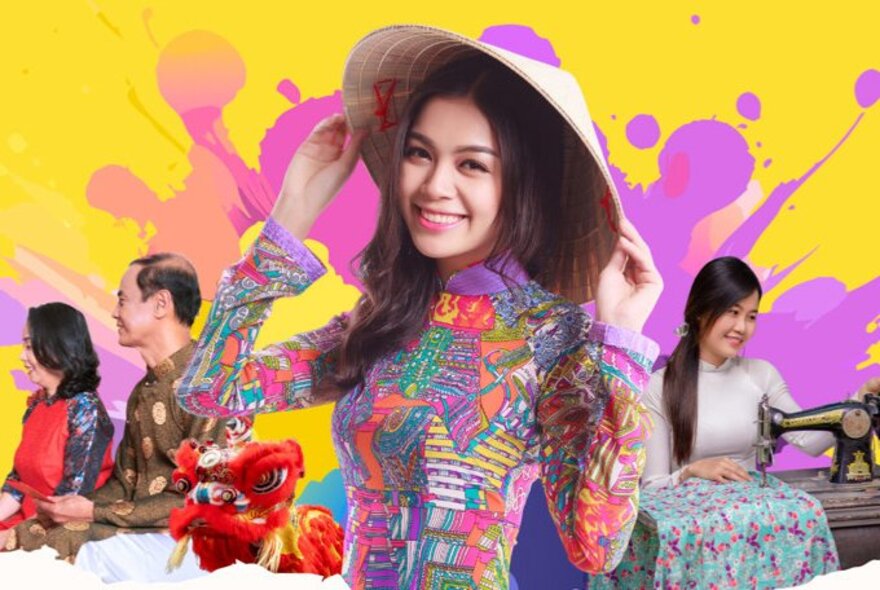 Vietnamese woman wearing a hat with festive people and colours in the background.