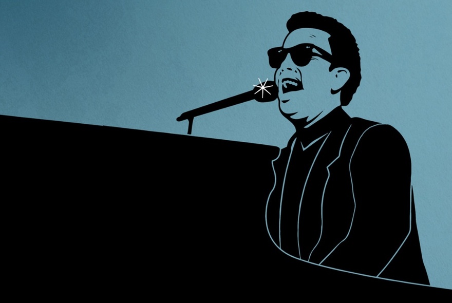Cartoon of Billy Joel seated at a piano, singing into a microphone.