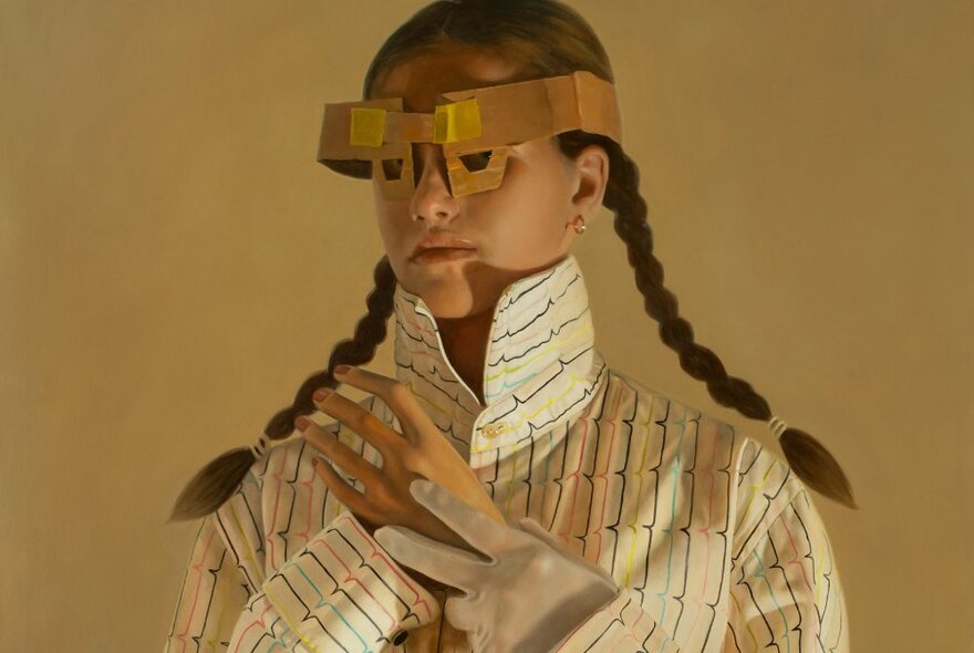 A woman with long plaits wearing a shirt with the collar turned up and AI glasses made of cardboard. 