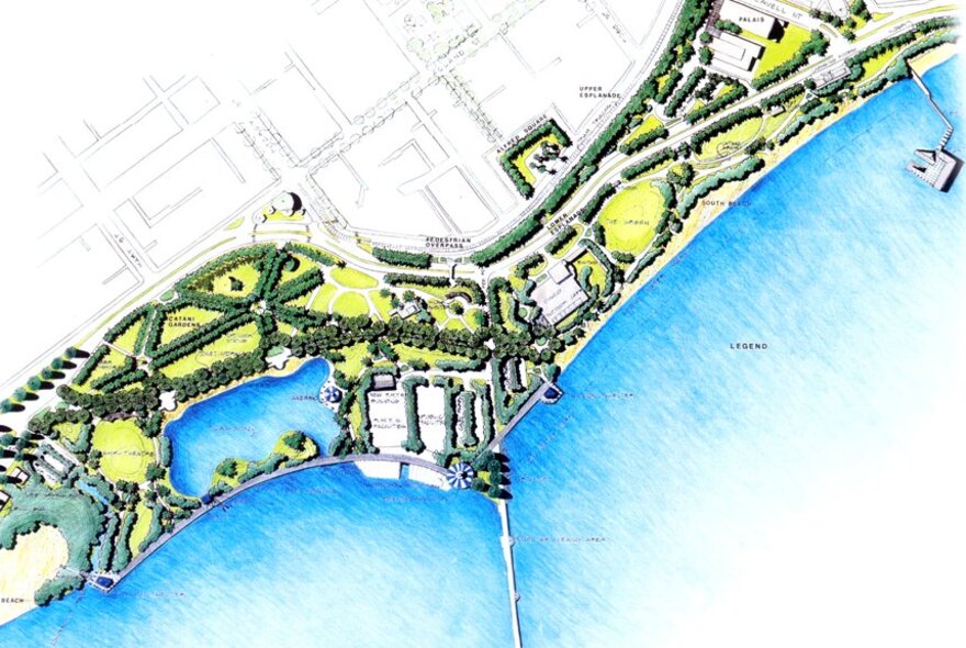 Aerial architectural sketch of a foreshore, showing landscaped area, green plantings and an outline of nearby streets.