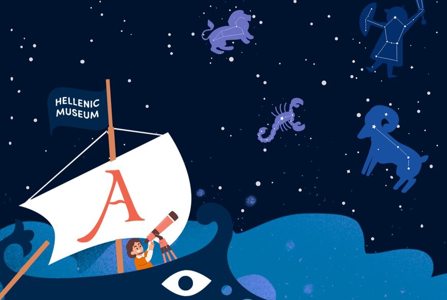 An illustration of the night sky with creatures in it and a person in a small boat with an A sail looking at the stars through a telescope.