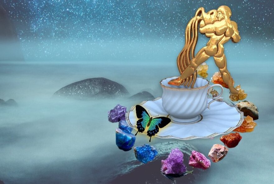 A gold Aquarius statuette, pouring tea into a white, fluted, gold-rimmed teacup and saucer, with colourful gem stones and a butterfly surrounding it, all floating over a misty, mountainous landscape at night.
