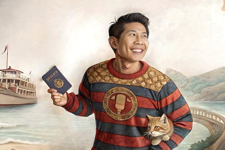 Asian comedian holding a passport and a cat, standing in front of a boat and landscape.