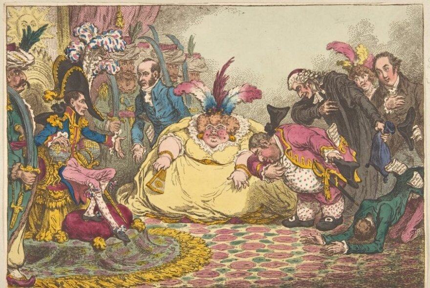 A comical depiction of an obese British gentlewoman in a pale yellow dress being presented to Napoleon Bonaparte, surrounded by British gentlemen.