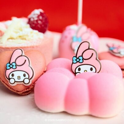 Pink sweet food treats inspired by the Sanrio character My Melody, found at the Hello Kitty Cafe. 