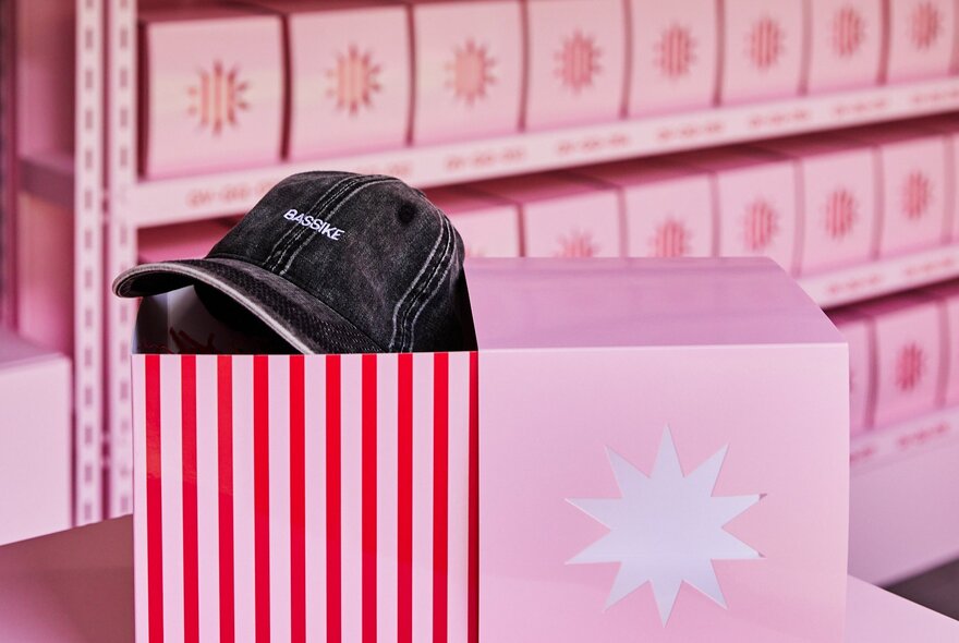 Shoebox size gift boxes in the background on shelves, the box in the foreground is open and contains a black cap.