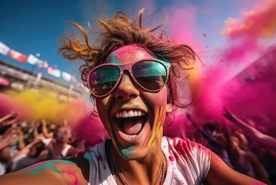 A person laughing, wearing sunglasses, completely covered in coloured powder at an outdoor Holi Festival, with a crowd behind them dancing in a cloud of coloured powders.