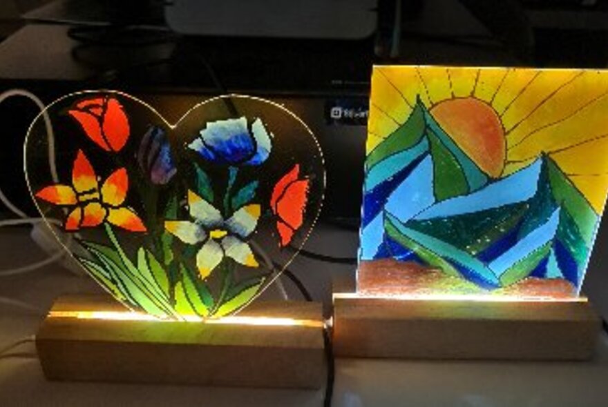 Two examples of hand painted glass lamps. 